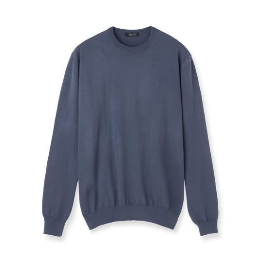 イタリア製 長袖クルーネックコットンニット ブルーグレー