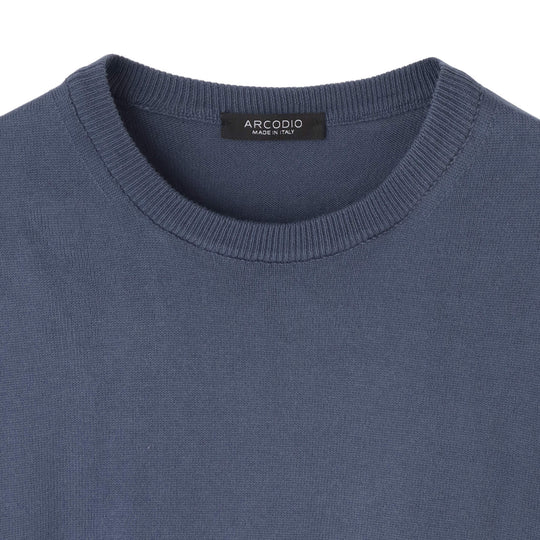 イタリア製 長袖クルーネックコットンニット ブルーグレー