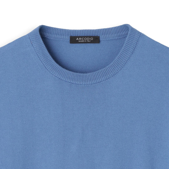 イタリア製 長袖クルーネックコットンニット スカイブルー