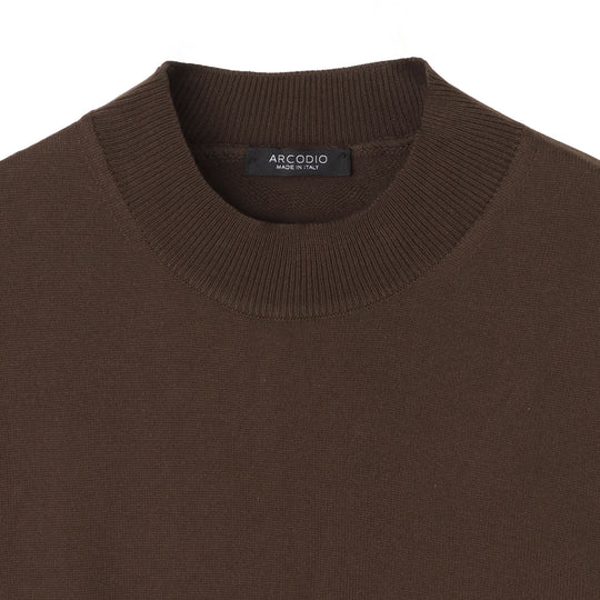 イタリア製 長袖モックネックコットンニット ブラウン