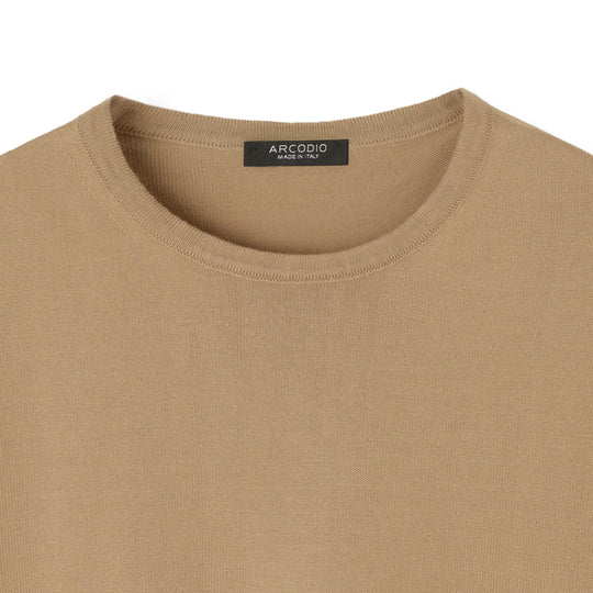 イタリア製 半袖クルーネックコットンニット キャメル