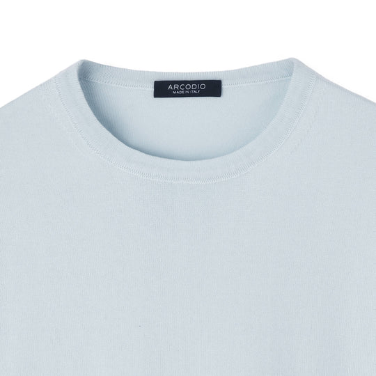 イタリア製 半袖クルーネックコットンニット サックスブルー