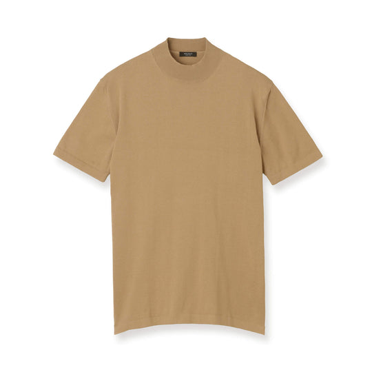 イタリア製 半袖モックネック コットンニット キャメル