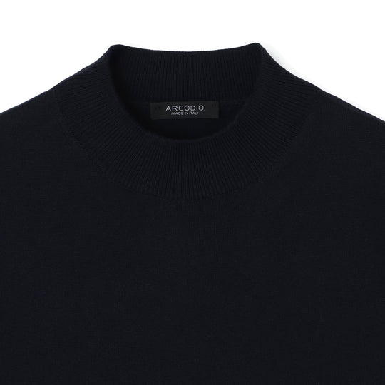 イタリア製 半袖モックネック コットンニット ネイビー