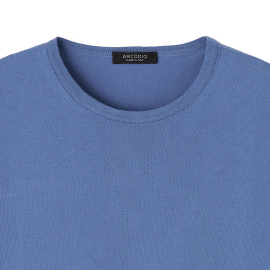 イタリア製 半袖クルーネックコットンニット スカイブルー