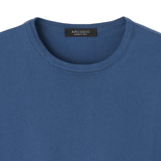イタリア製 半袖クルーネックコットンニット コバルトブルー