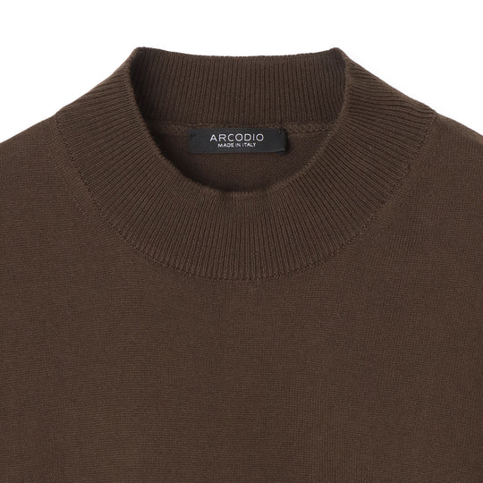 イタリア製 半袖モックネック コットンニット ブラウン