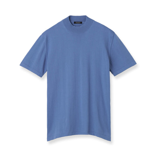 イタリア製 半袖モックネック コットンニット スカイブルー