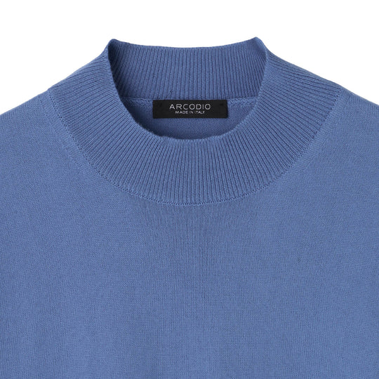 イタリア製 半袖モックネック コットンニット スカイブルー