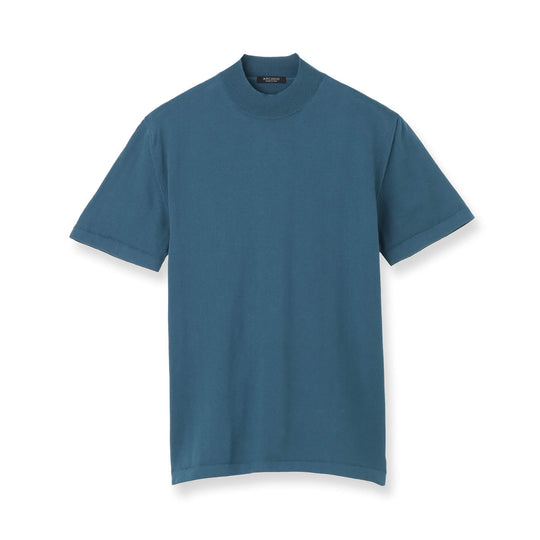 イタリア製コットンニット 半袖モックネック ピーコックブルー