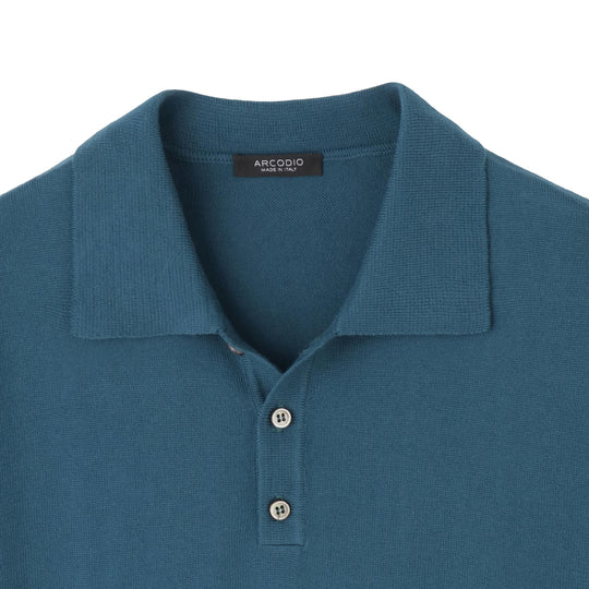 イタリア製コットンニット 半袖ポロ ピーコックブルー