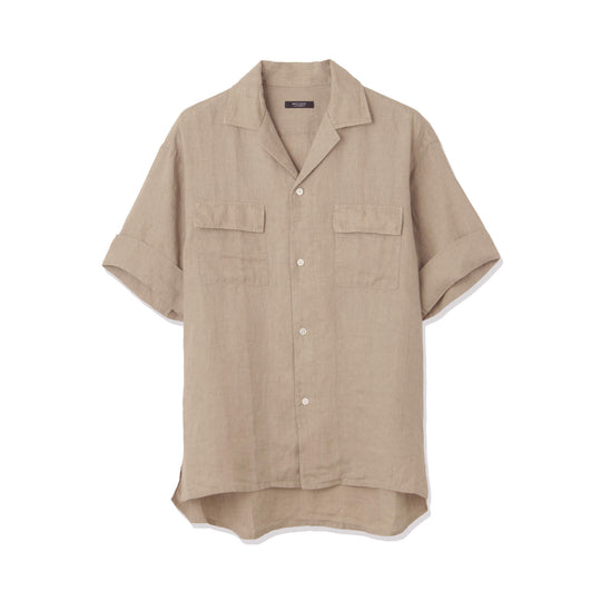 【干場 × ARCODIO共同企画】Lino Moderno バイオウォッシュリネン 半袖フラップポケットシャツ ベージュ