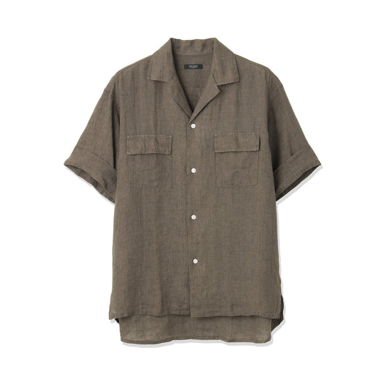 【干場 × ARCODIO共同企画】Lino Moderno バイオウォッシュリネン 半袖フラップポケットシャツ ブラウン