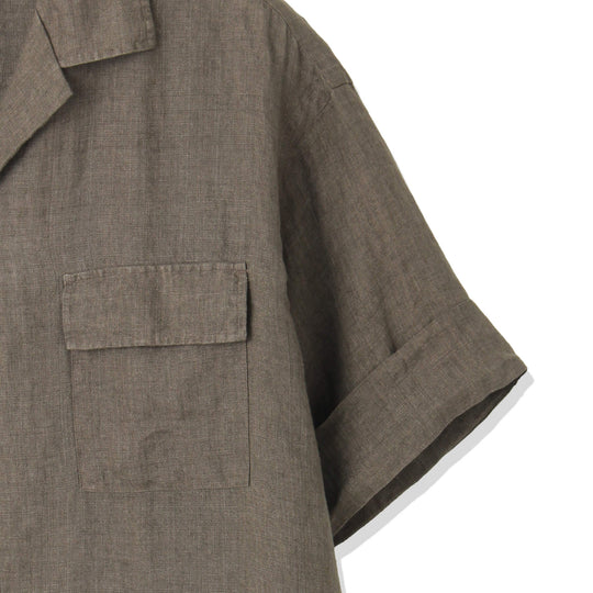 【干場 × ARCODIO共同企画】Lino Moderno バイオウォッシュリネン 半袖フラップポケットシャツ ブラウン