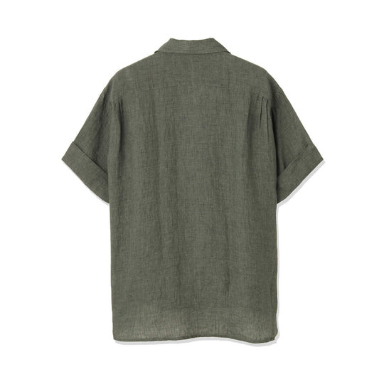 【干場 × ARCODIO共同企画】Lino Moderno バイオウォッシュリネン 半袖フラップポケットシャツ グリーン
