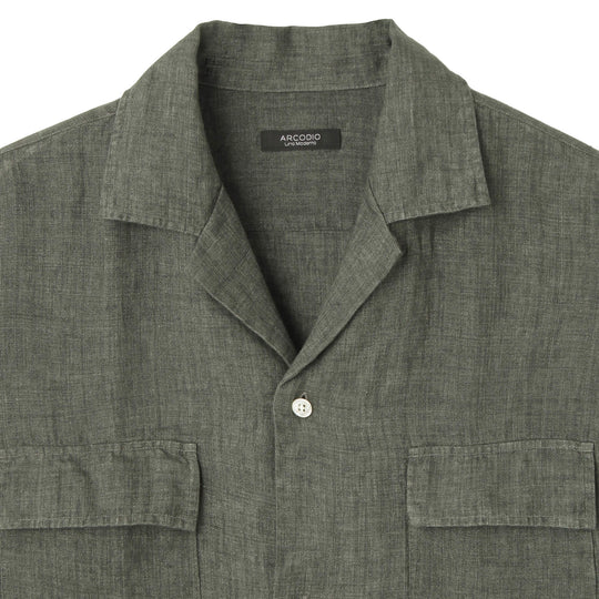 【干場 × ARCODIO共同企画】Lino Moderno バイオウォッシュリネン 半袖フラップポケットシャツ グリーン