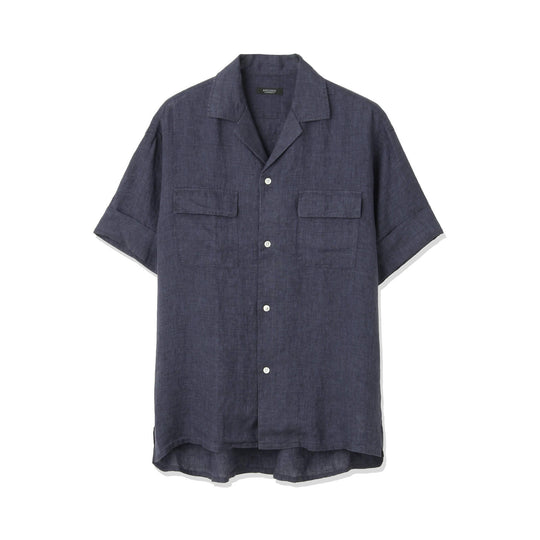 【干場 × ARCODIO共同企画】Lino Moderno バイオウォッシュリネン 半袖フラップポケットシャツ ネイビー