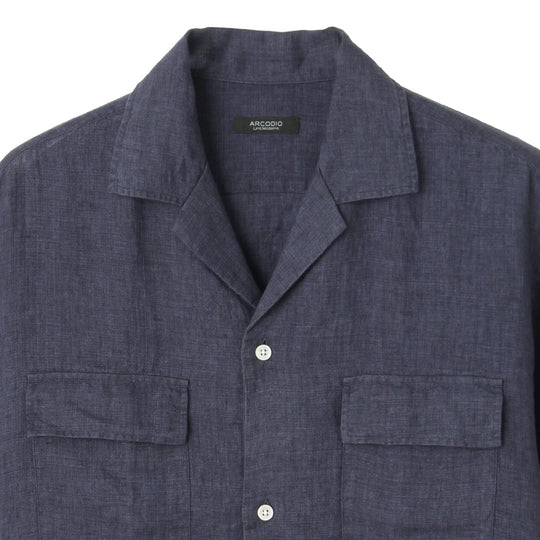 【干場 × ARCODIO共同企画】Lino Moderno バイオウォッシュリネン 半袖フラップポケットシャツ ネイビー