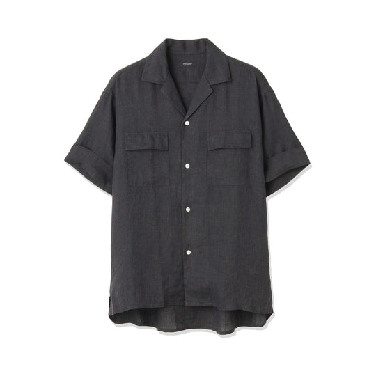 【干場 × ARCODIO共同企画】Lino Moderno バイオウォッシュリネン 半袖フラップポケットシャツ ブラック