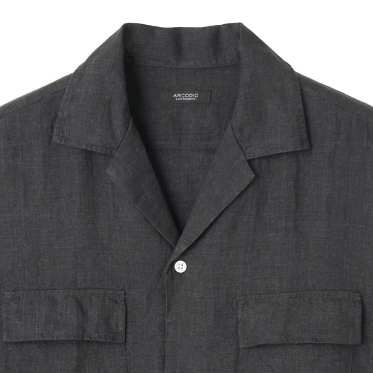 【干場 × ARCODIO共同企画】Lino Moderno バイオウォッシュリネン 半袖フラップポケットシャツ ブラック