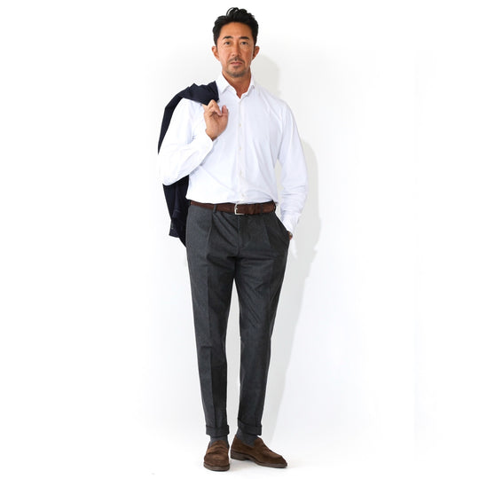 ARECHI ウールカシミヤナイロンストレッチ 1プリーツテーパードパンツ チャコールグレー