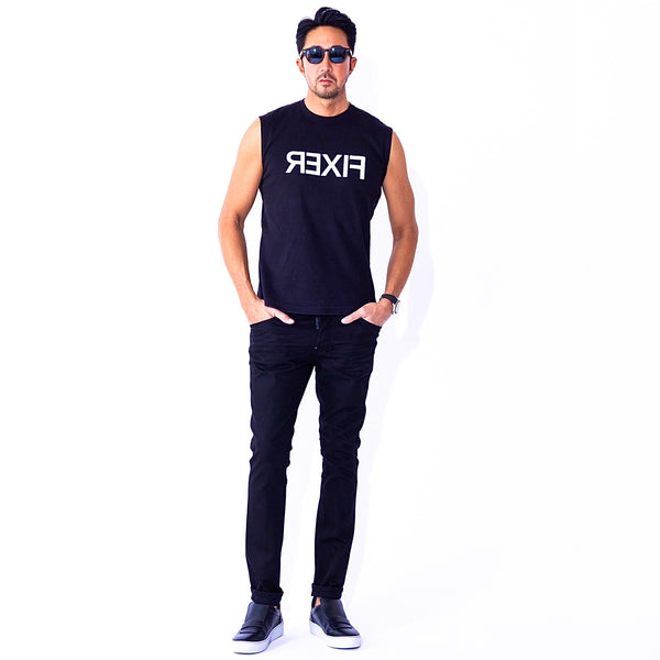 【干場愛用】 リバースプリント ノースリーブ Tシャツ BLACK