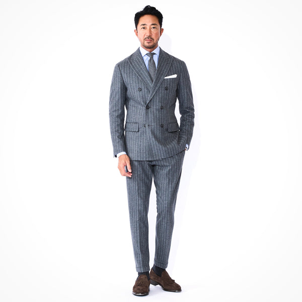 Platinum14.5 Merino Compressed jersey Banker Stripe サイドギャザースリムテーパードスラックス グレー