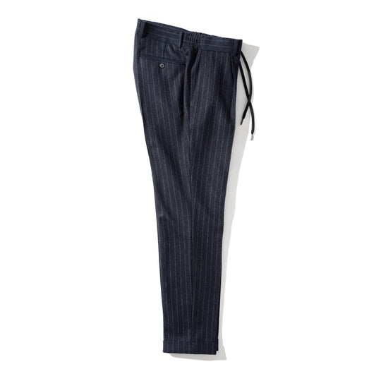 Optima 16.5 Merino Wool Jersey Banker Stripeサイドギャザートラウザー ネイビー