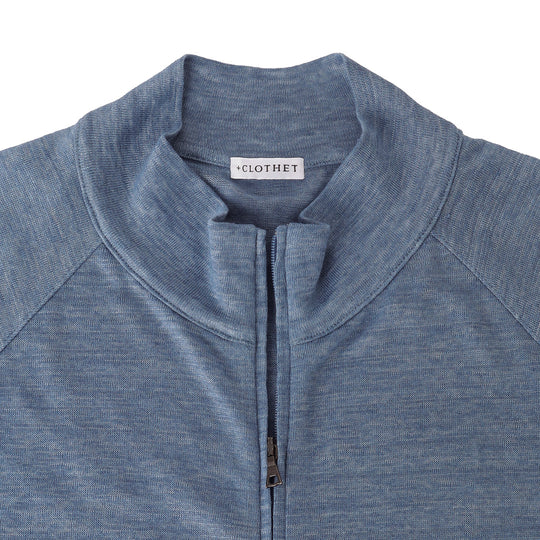 リネンジャージー スタンドカラー ジップアップ ブルゾン ブルー