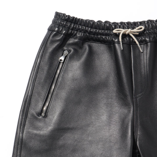 【干場別注】H SHORTS アッカ ショーツ ナッパレザー 0.9mm厚 シャーリング ドローコード ブラック